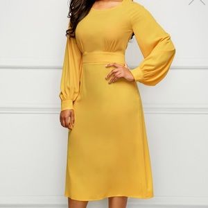 Yellow Band Waist Long Sleeve Midi Dress